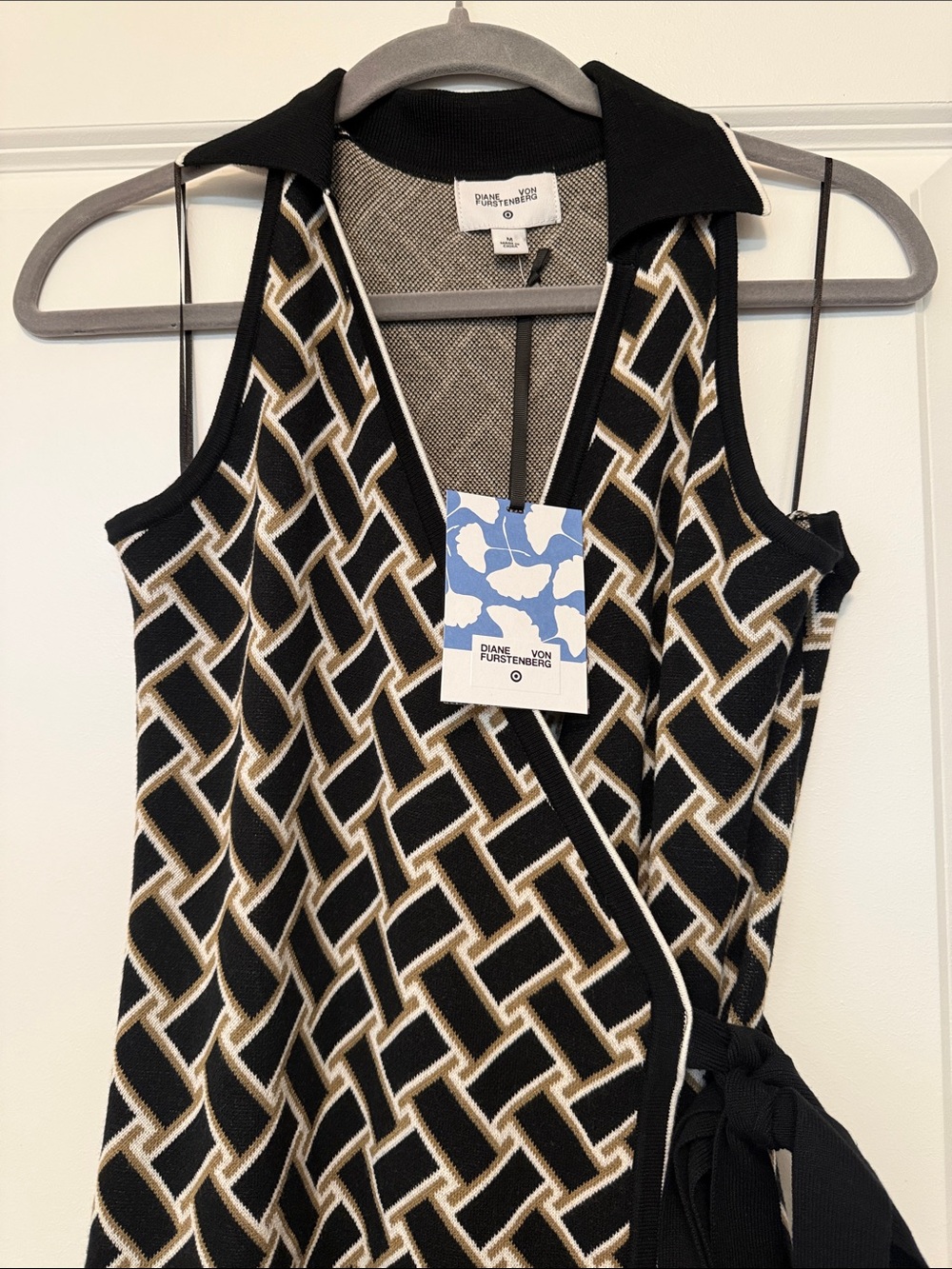 Diane Von Furstenberg Black and Tan Geometric Wrap Tank
